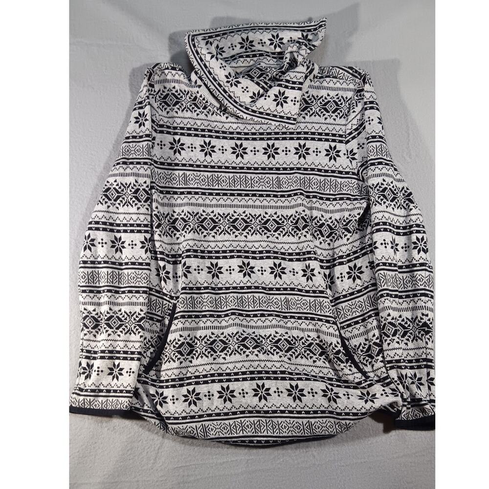 T by Talbots Women’s Fair Isle Funnel Neck Pullover Sweater Top M Gray Black